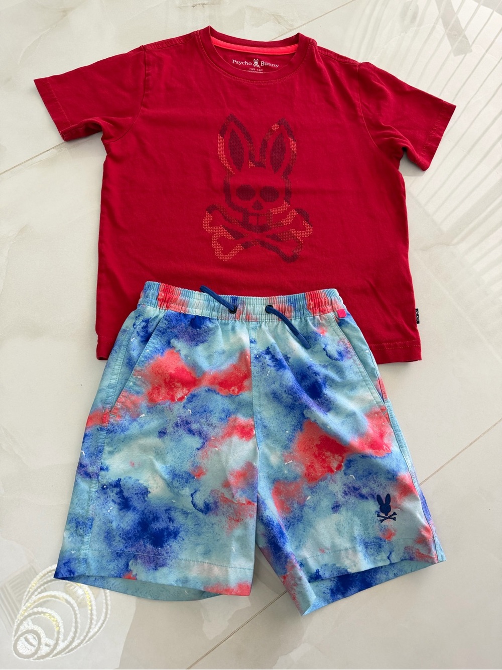 Psycho Bunny Red Logo Tee with Blue and Red Tie-Dye Shorts